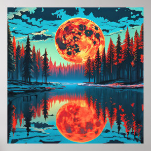 Poster Scène forestière avec réflexion lunaire surréalist