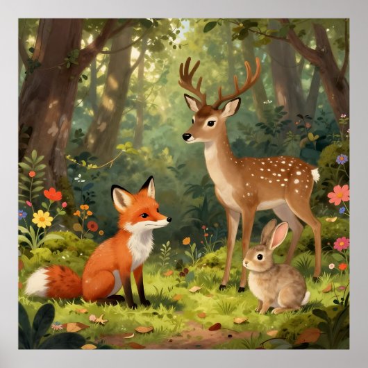 Poster Scène forestière d'animaux mignons de la forêt (Devant)