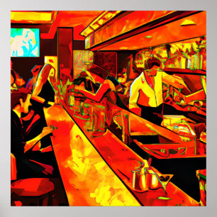 Poster Scène Fun Bar   Barman et clients
