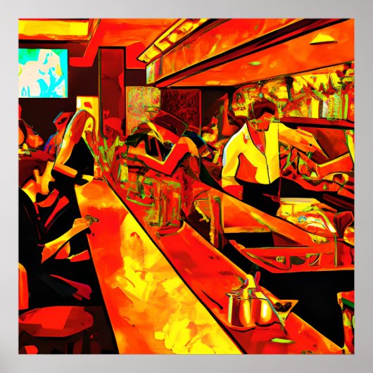 Poster Scène Fun Bar | Barman et clients (Devant)