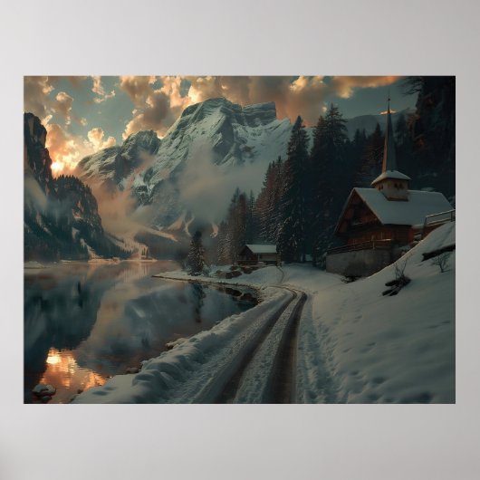 Poster Scène hivernale avec des bâtiments en bois (Devant)