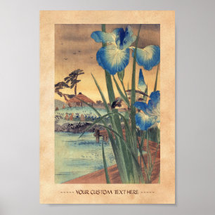 Poster Scène japonaise vintage ukiyo-e iris bleu et oisea