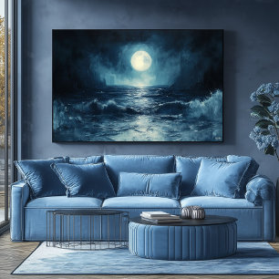 Poster Scène Moody Ocean Moonlight avec des vagues qui s'
