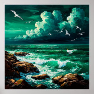 Poster Scène océanique dramatique avec mouettes et vagues