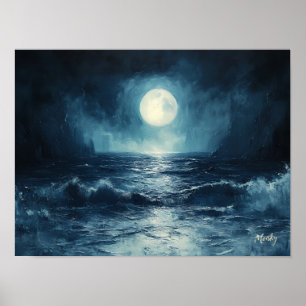 Poster Scène océanique lunatique avec vagues déferlantes