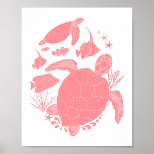 Poster Scène océanique rose pêche Poissons et tortues