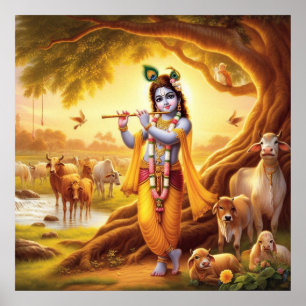 Poster Scène pastorale dorée sereine de Krishna jouant de