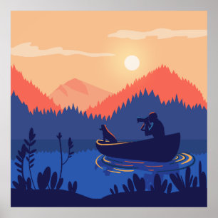 Poster Scène Rustique Sunset Fishing Art mur Imprimer