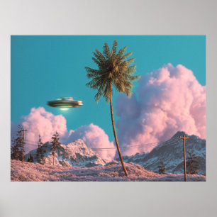 Poster Scène surréaliste de montagnes avec palmier et OVN