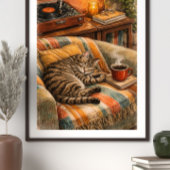 Poster Scène vinyle de chat douillet et de café, Tabby en