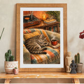 Poster Scène vinyle de chat douillet et de café, Tabby en