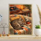 Poster Scène vinyle de chat douillet et de café, Tabby en