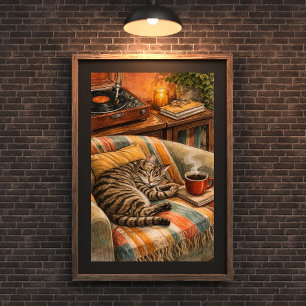 Poster Scène vinyle de chat douillet et de café, Tabby en