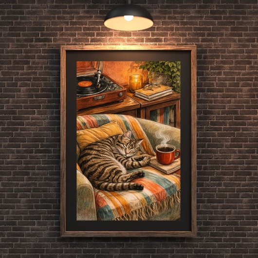 Poster Scène vinyle de chat douillet et de café, Tabby en