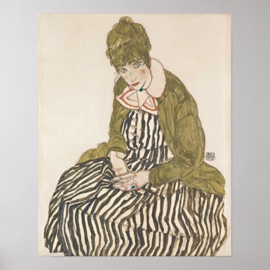 Poster Schiele - Edith avec une robe rayée assise (Devant)