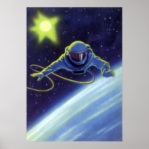 Poster Science-fiction vintage d'un astronaute en sortie