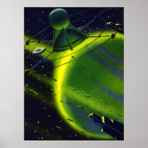 Poster Science-fiction vintage Planète verte avec vaissea
