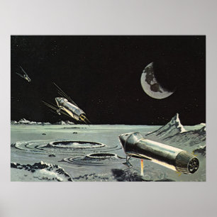 Poster Science-fiction vintage, Rocket Ships Moon Planets