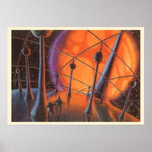 Poster Science-fiction vintage, soleil orange et extrater