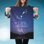 Poster Scorpio | Constellation Zodiaque personnalisée<br><div class="desc">Notre affiche Scorpio est le cadeau idéal pour toute personne qui s'inspire de l'astrologie et du nouveau décor mystique de la maison. Avec un beau ciel étoilé foncé en arrière-plan, la constellation de Scorpio se trouve au-dessus du texte et du symbole du zodiaque. Le texte de l'horoscope peut être facilement...</div>