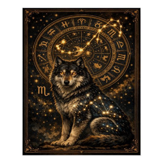 Poster Scorpio Wolf Zodiac Wheel Constellation Celestial  (Devant)