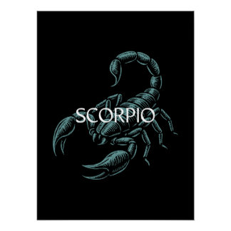 Poster Scorpio Zodiac – Vintage Scorpion in Teal on Black