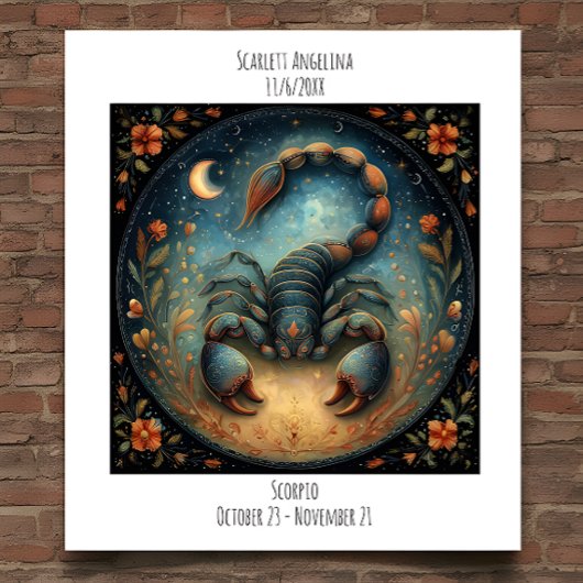 Poster Scorpion Nom & Anniversaire Zodiaque Astrologie