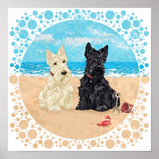 Poster Scotties roux et noirs à la plage (Devant)