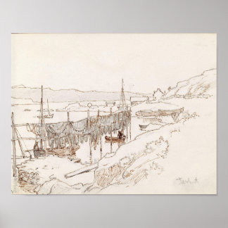 Poster Scottish Fishing Village Abstract Art Sketch