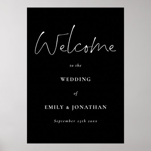 Poster Script blanc moderne noir Bienvenue à Mariage Post (Devant)