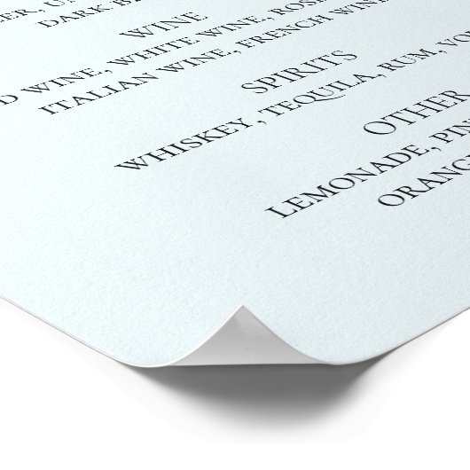 Poster Script calligraphie bleue mariage menu bar boisson (Coin)