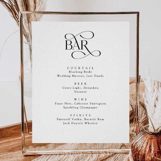 Poster Script classique Le Bar Mariage Boissons Menu Sign