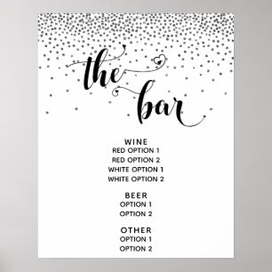 Poster Script Coeur & Confetti Argent "The Bar" Menu Sign
