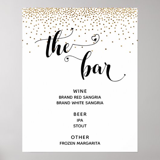 Poster Script Coeur & Gold Confetti "The Bar" Menu Sign (Devant)