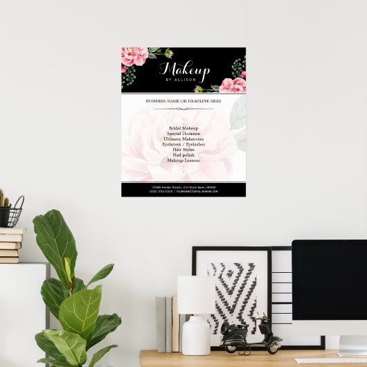 Poster Script de maquillage floral moderne noir blanc (Bureau à domicile)