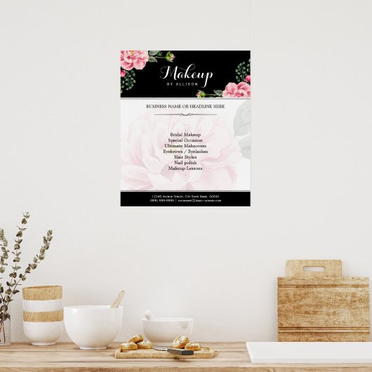 Poster Script de maquillage floral moderne noir blanc (Cuisine)