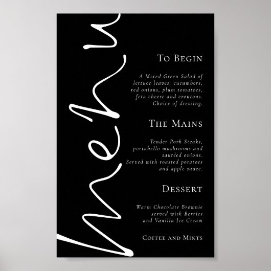 Poster Script élégant Menu Mariage noir simple (Devant)