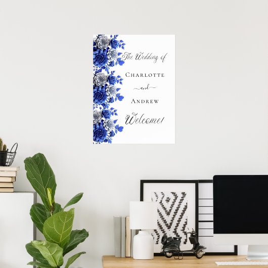 Poster Script floral blanc bleu bienvenue mariage (Bureau à domicile)