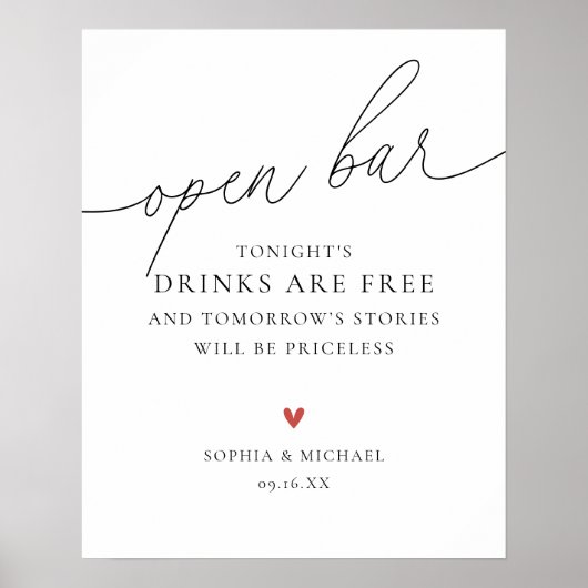 Poster Script moderne élégant Mariage Open Bar Sign (Devant)