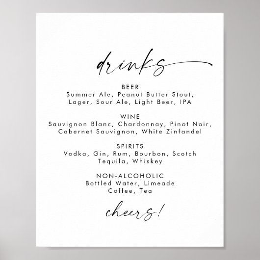 Poster Script moderne Mariage Boissons Menu Signer (Devant)