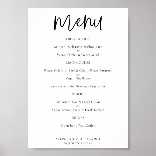 Poster Script moderne Menu Mariage N'importe quelle coule (Devant)