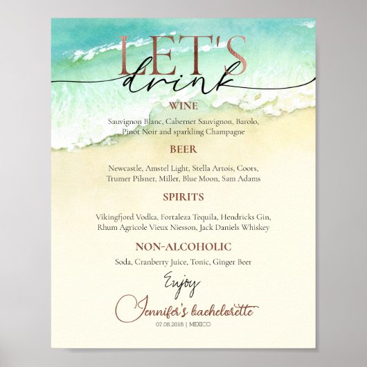 Poster Script Rose de plage Bachelorette Boissons Menu Si (Devant)