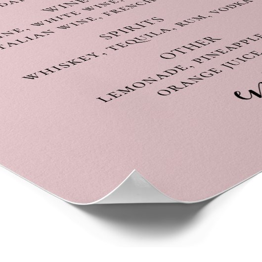 Poster Script rose pâle et poussiéreux mariage alcool bar (Coin)