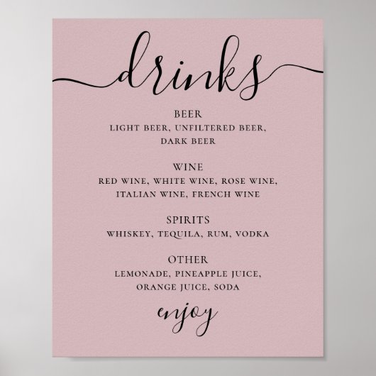 Poster Script rose pâle et poussiéreux mariage alcool bar (Devant)