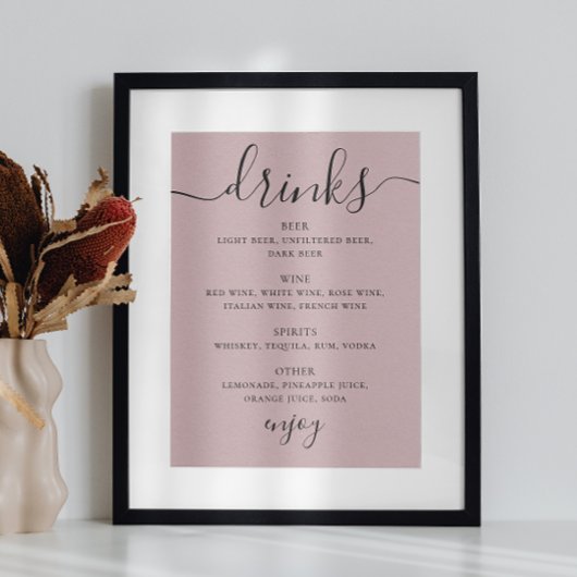 Poster Script rose pâle et poussiéreux mariage alcool bar