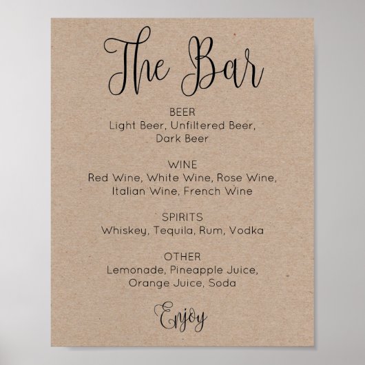 Poster Script rustique simple mariage alcool bar boissons (Devant)