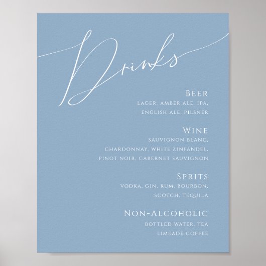 Poster Script Whimsical | Menu Boissons Mariage Dusty Blu (Devant)