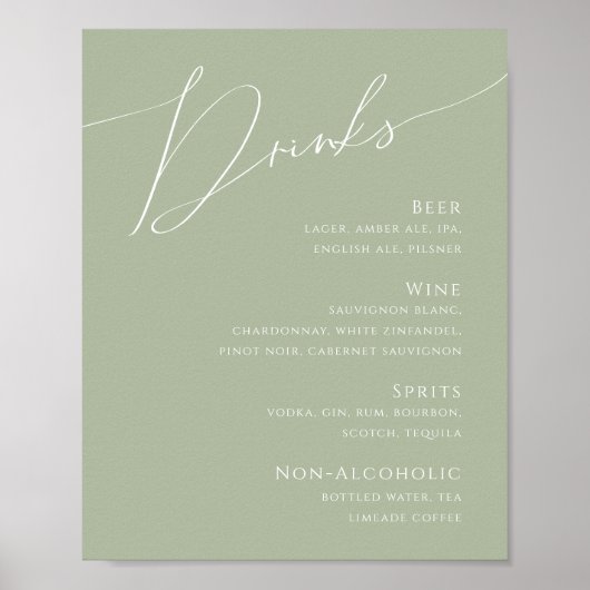 Poster Script Whimsical | Menu des boissons Mariages Sage (Devant)