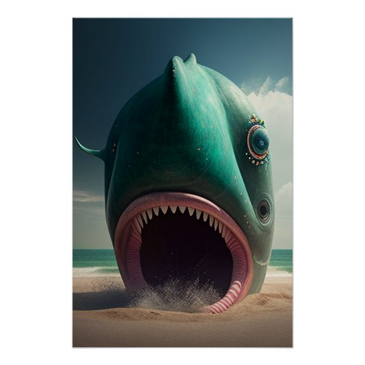 Poster Sculpture de requin sur la plage (Devant)