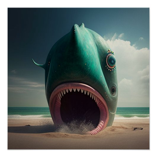 Poster Sculpture de requin sur la plage (Devant)